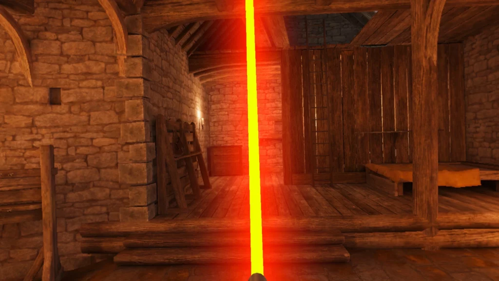 A fierce red lightsaber activated inside a rustic castle room in Blade & Sorcery: Nomad. The deep crimson hue represents the dark side's power and is a must-have for players embracing the Sith legacy from The Old Republic Crystal Expansion.