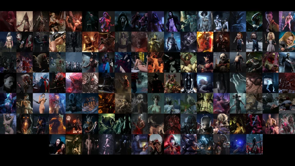 A complete visual spread of the Dead By Daylight NSFW Card Pack, highlighting its expansive lineup of horror-themed characters. Each card is designed with intricate detail, blending terror and allure in a unique way.