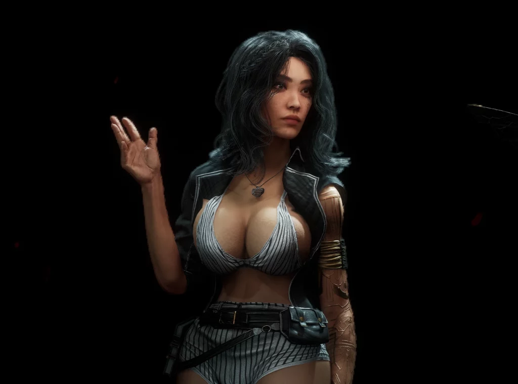A close-up of Lune's Expedition Curvy Outfit highlights the intricate textures and detailed fabric work. Her expression and stance capture the essence of confidence and readiness for adventure, enhancing the visual storytelling of Clair Obscur: Expedition 33.