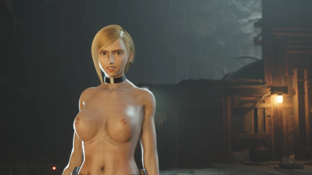 The female character stands confidently in a cavernous environment, fully nude except for tactical gloves and a futuristic belt. Her expression exudes strength and determination, emphasizing the raw survivalist tone of the game.