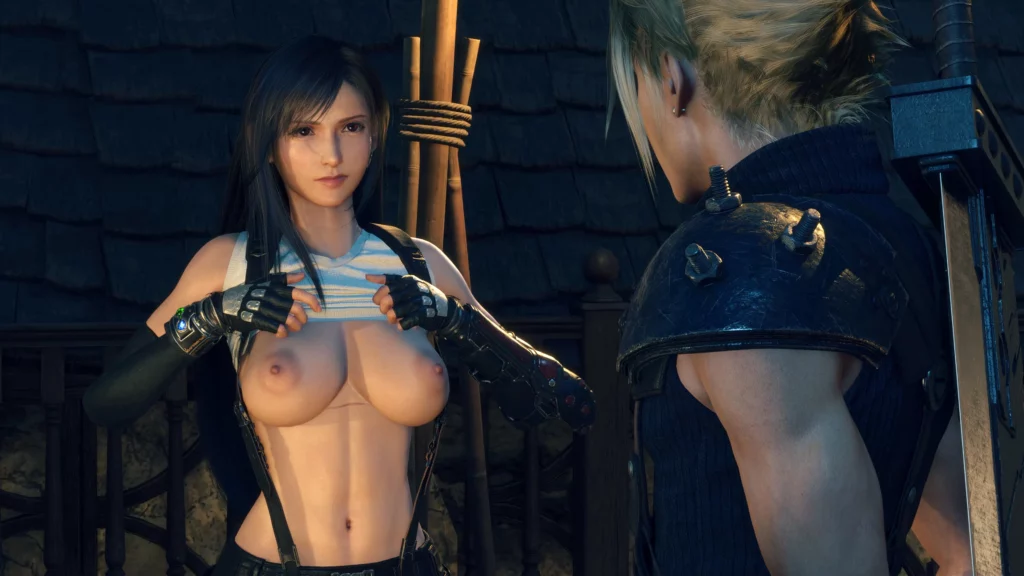 Tifa Lockhart in an intimate in-game scene with Cloud Strife. The "Tifa Undressed" mod reveals an alternative aesthetic, enhancing her appearance with high-definition textures and detailed modeling, set against the iconic backdrop of Final Fantasy VII Rebirth.