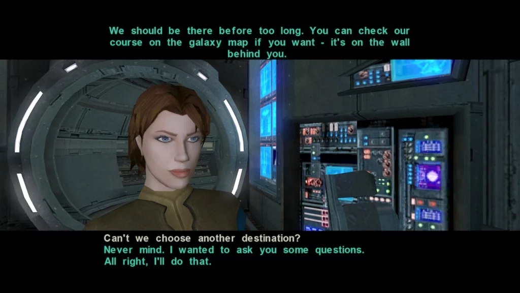 The Exile speaking with Atton Rand on the Ebon Hawk, navigating through the galaxy in Knights of the Old Republic II. This restored dialog about the astronavigation system provides more insight into Atton's backstory and expertise in piloting.