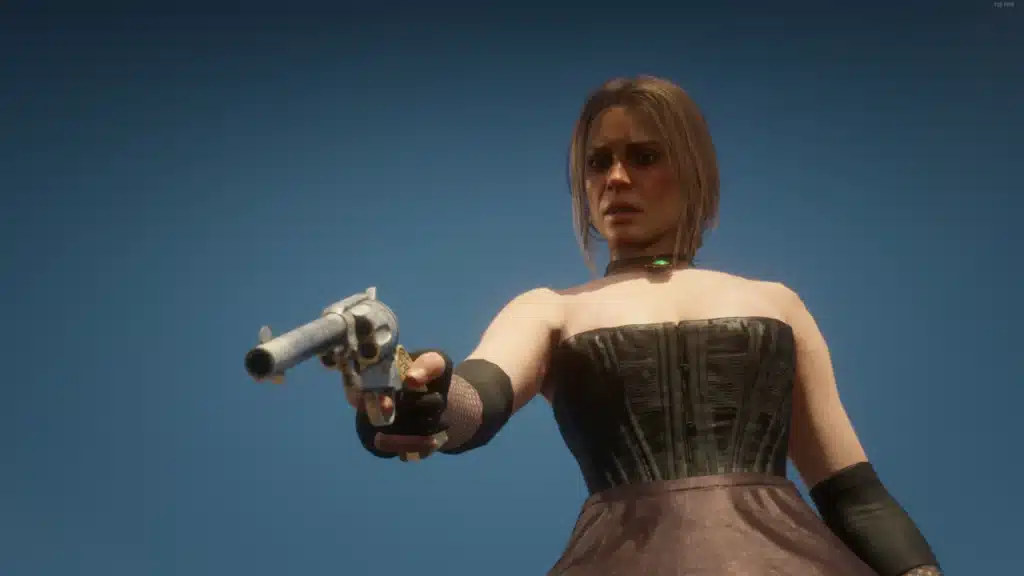 Intense standoff moment in Red Dead Redemption 2 featuring Sadie Adler in her sexy modded outfit, highlighting her fearless outlaw energy.