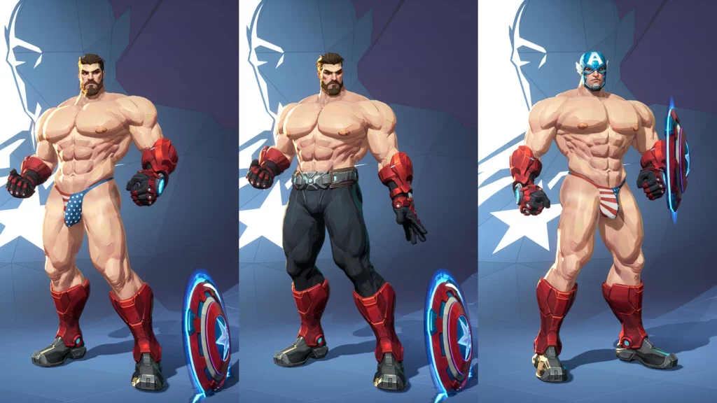 Triple showcase of alternate Captain America outfits in Marvel Rivals mod featuring buff physique, armor options, and NSFW stylized skins.