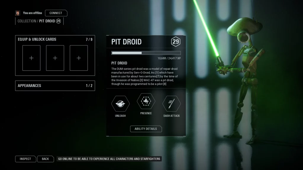 Pit Droid holding a green lightsaber in Battlefront II mod screen