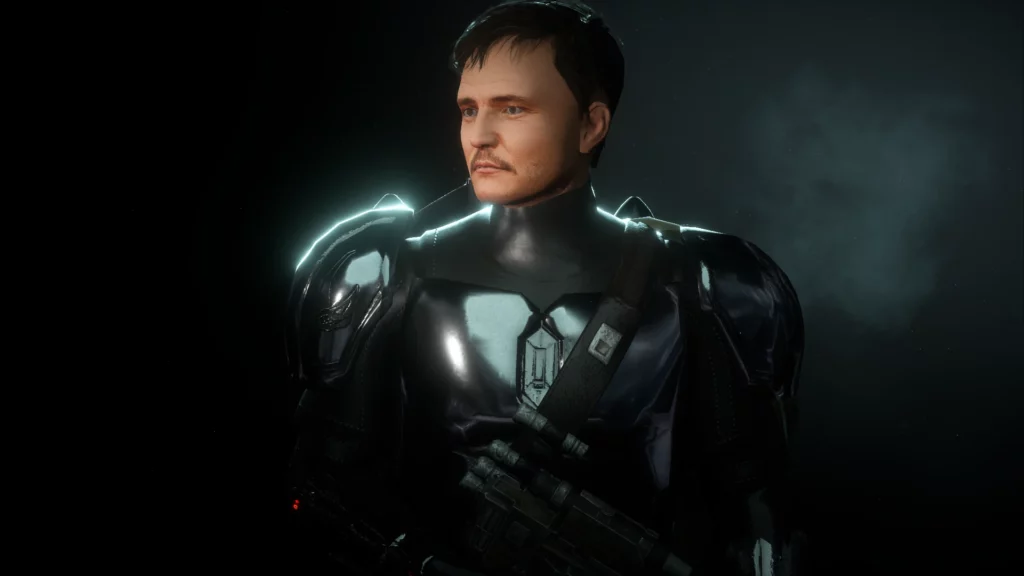  Side profile of Pedro Pascal as helmetless Din Djarin in mod
