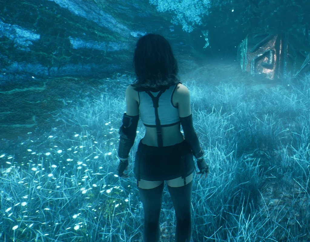 Rear view of Lune in Tifa’s outfit walking through a blue forest
