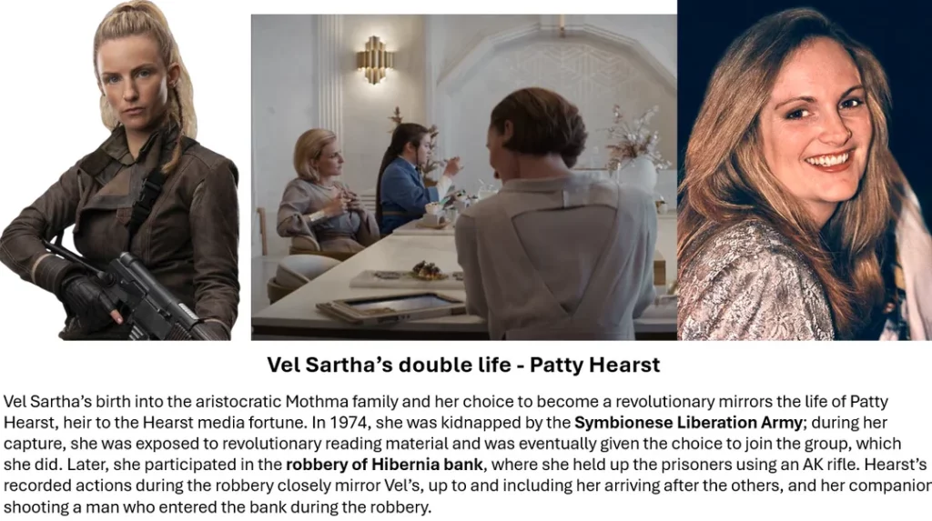 Vel’s storyline is influenced by Patty Hearst’s real-life radicalization and transformation into an urban guerrilla.