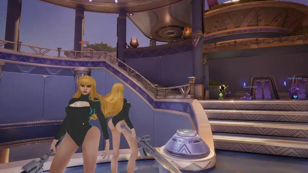 Full body front and back of Casual Magik mod with sword in fantasy environment