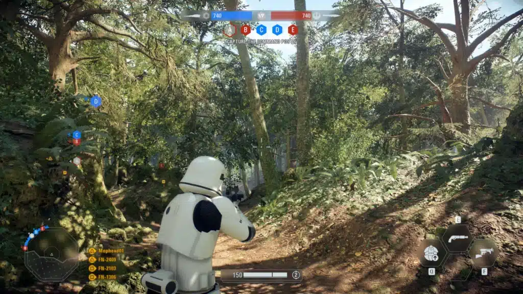 Stormtrooper gameplay on jungle map in Battlefront II Conquest mode