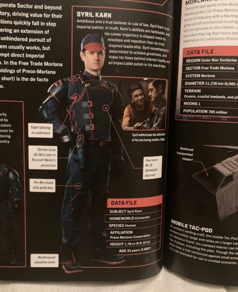 Dawn of Rebellion: The Visual Guide showcasing detailed information about Syril Karn, a character from Andor. The data file reveals his homeworld as Coruscant, his affiliation with Preox-Morlana Corporation, his height at 1.78 m (5 ft 10 in), and his confirmed age of 35 years (5 BBY).