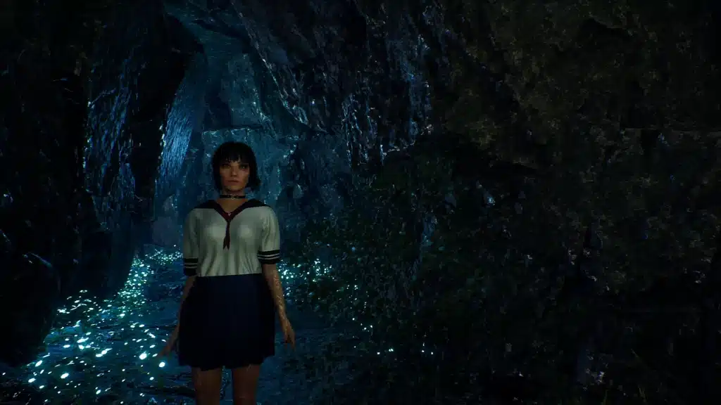 Lune wearing standard Japanese school uniform mod inside a glowing cave