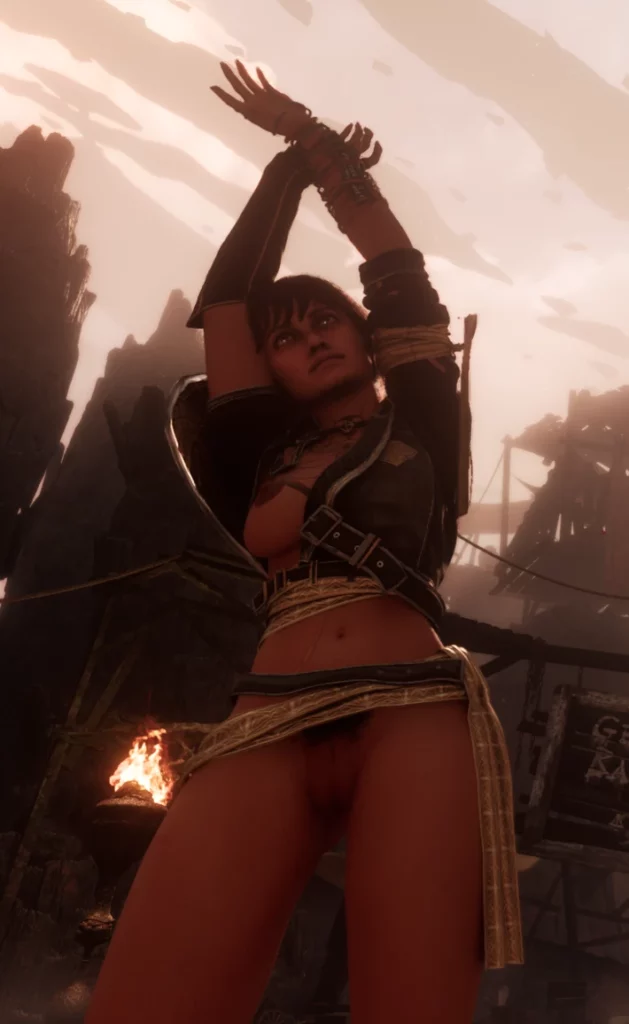 Sciel reaching upwards in Clair Obscur: Expedition 33, wearing her semi-nude outfit variant. The environment highlights the game’s atmospheric landscapes while the character model displays fluid animations and high-quality textures.