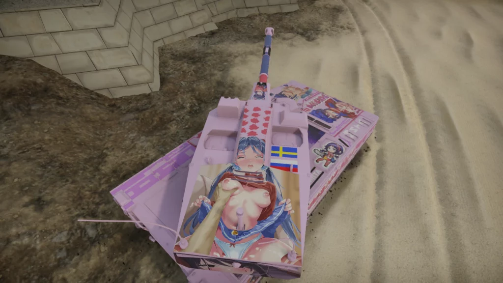 Top-down view of the CV 90105 tank from War Thunder, featuring detailed anime graphics and Swedish flag motifs. The NSFW Miside-Mita camo showcases bold designs for a one-of-a-kind experience.