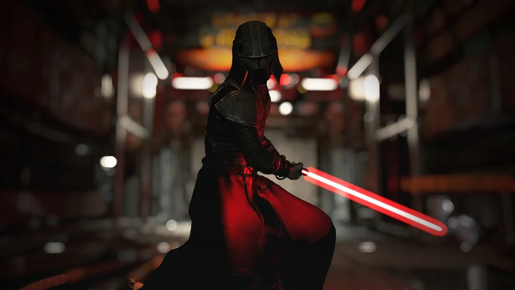 Silhouetted against the neon glow of industrial lights, Starkiller prepares for battle, wielding his iconic red lightsaber. The detailed armor design is perfectly captured in this dramatic shot.