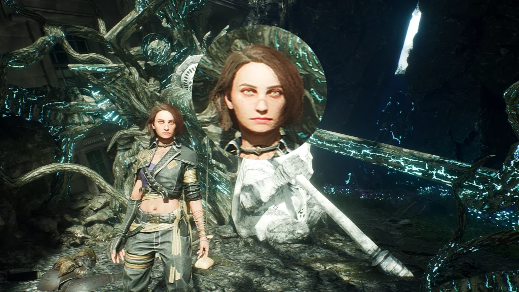 A detailed look at Sciel's character model with the Sexy Makeup Mod in Clair Obscur: Expedition 33. Her dark, gothic makeup and intense eyes are enhanced, offering a unique twist to her in-game appearance. The enchanted backdrop adds to the immersive experience.