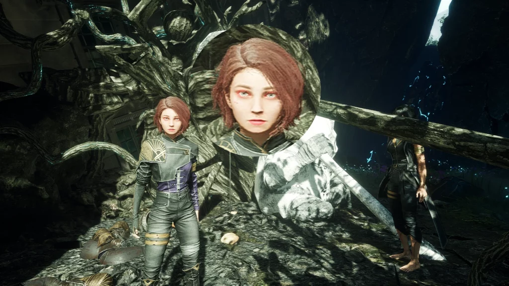 Maelle with vibrant red lipstick and sharp eyeliner, standing amidst the enchanted scenery of Clair Obscur: Expedition 33. This makeup mod adds depth and personality to her character design.