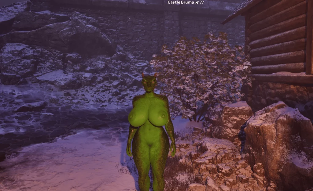 Argonian character in Castle Bruma, showcasing the Nude Bimbo Body Mod in Oblivion Remastered. The snowy landscape and character model bring new life to classic locations with bold aesthetics.