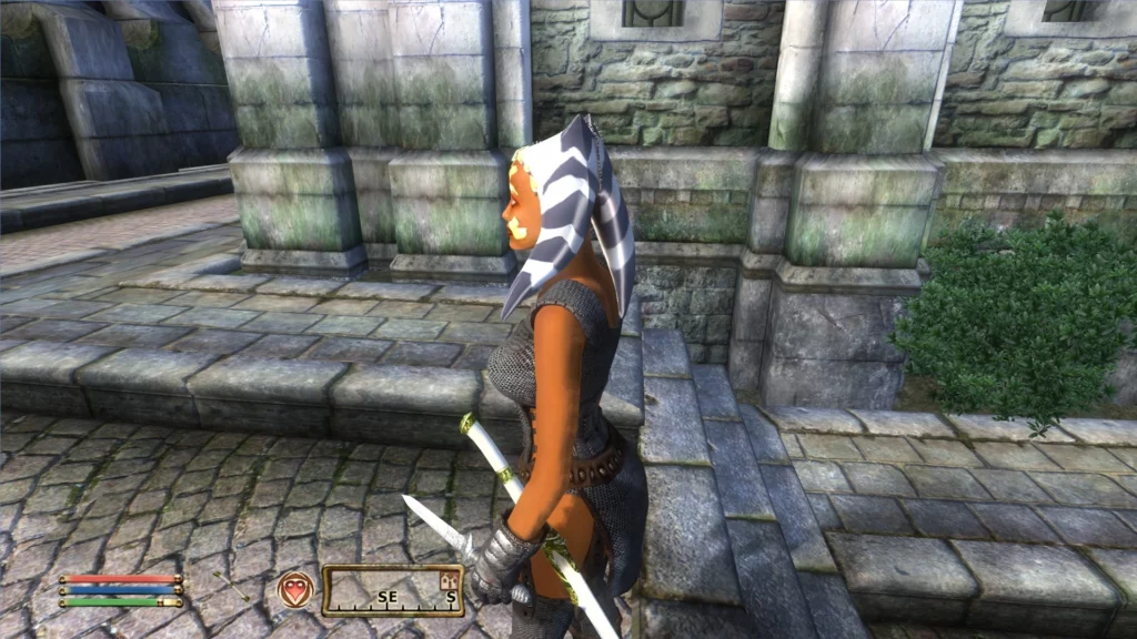 Side view of Ahsoka Tano in Oblivion Remastered, brandishing dual swords and detailed Togruta headpiece. The mod captures her warrior spirit, perfect for immersive gameplay in Cyrodiil.