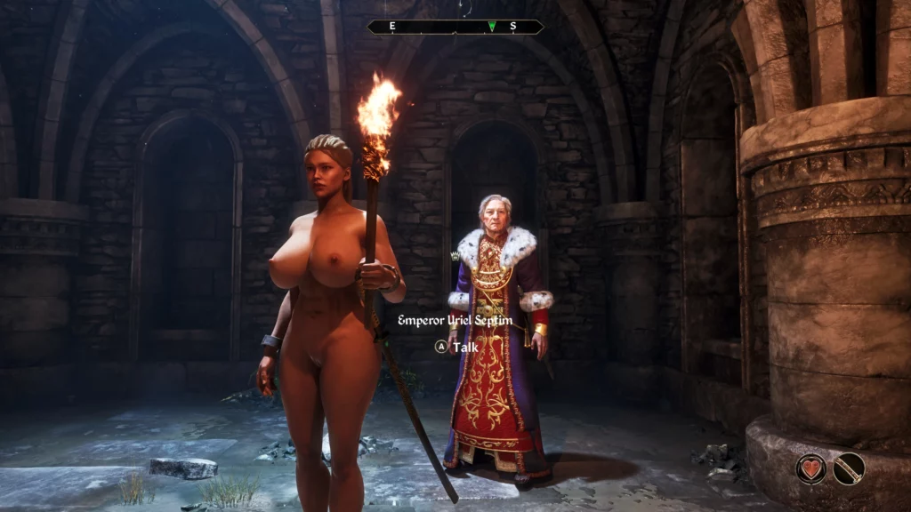 The dramatic introduction of Emperor Uriel Septim alongside the enhanced Baywatch Babe character in Oblivion Remastered. The scene captures the grandeur of the mod's high-resolution textures and powerful lighting effects.
