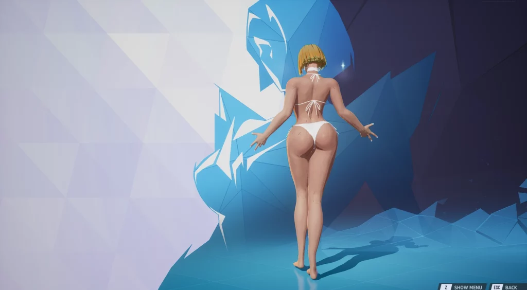 Back view of Emma Frost's Futa in Bikini mod for Marvel Rivals. The sleek white bikini highlights her powerful stance, making her an unstoppable force in the game. Perfect for players who appreciate high-definition character enhancements.