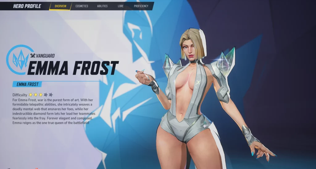 Hero profile overview of Emma Frost in Marvel Rivals, showcasing her abilities and Vanguard status. Her White Queen Diamond Temptress form is visually stunning with high-resolution details.