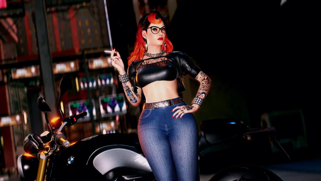 A stunning look at the "Rebel Wear Set" mod in Cyberpunk 2077, blending streetwear with biker aesthetics. The character's look is completed with tattoos, accessories, and a stylish crop top, ready to take on the city.