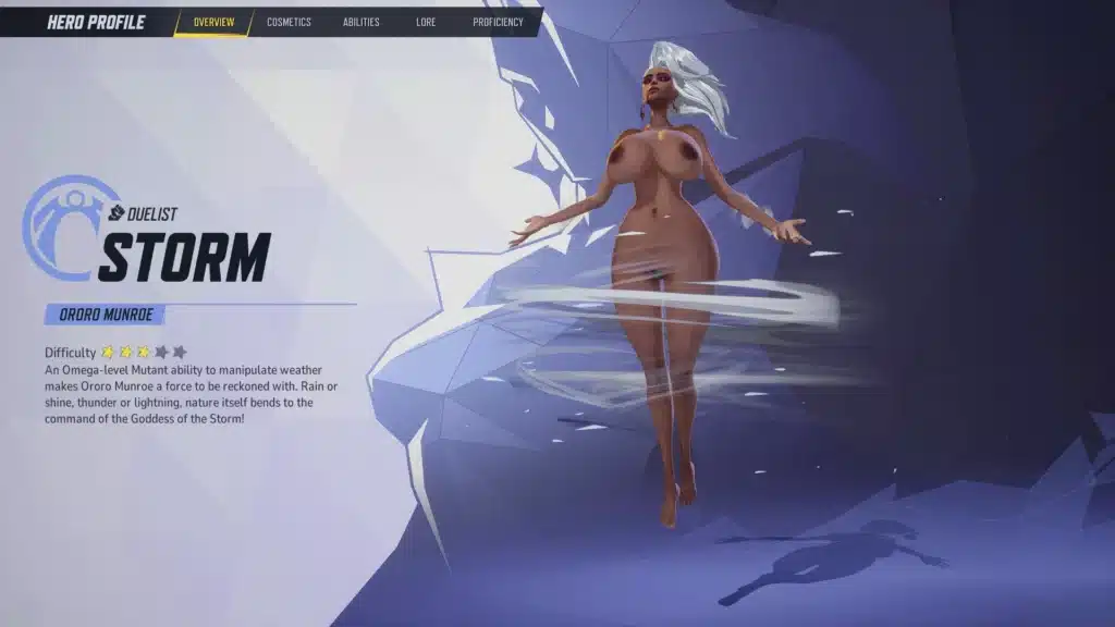 An action shot of Storm wielding her elemental powers in the Nude Storm Mod, with swirling winds and crackling energy enhancing her presence in Marvel Rivals.