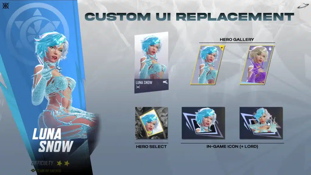 This image showcases the custom UI elements for Luna Snow when using the Frostbite Skin Mod in Marvel Rivals. Complete with new icons and gallery visuals, the mod enhances her in-game representation.