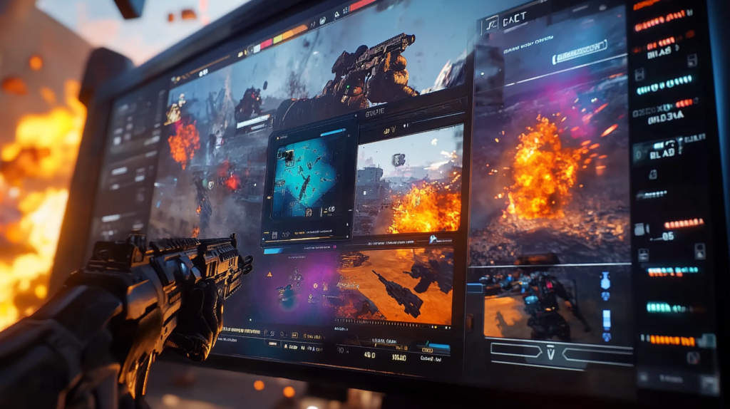 Black Ops 6 player aiming down sights with live HUD display, showcasing weapon stats and customization options during intense battle action.