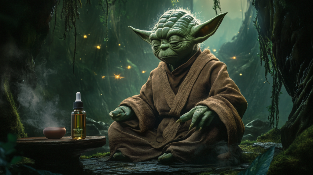 Yoda seated in a lush forest environment, meditating with a bottle of CBD oil labeled "Cyn Lad" resting on a wooden table. Soft glowing lights surround him, creating a serene and mystical atmosphere that showcases the calming power of nature and the Force.