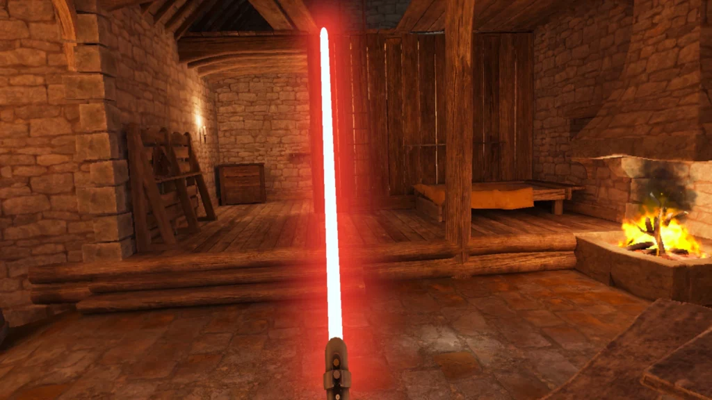 A menacing red lightsaber stands ready for battle inside a medieval fortress, its glow reflecting off wooden beams and stone walls. This visual from Blade & Sorcery: Nomad's Old Republic Crystal Expansion brings the dark side of the Force to life with stunning detail.

