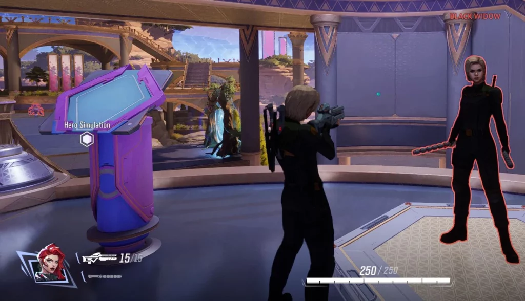 Marvel Rivals: Yelena Belova Simulation Mode – An in-game simulation featuring Yelena Belova testing out her combat skills in Marvel Rivals. The scene highlights her unique abilities and fighting stance.