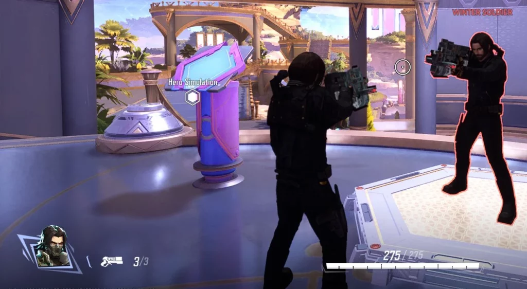 Winter Soldier in a combat simulation against his own shadow version in Marvel Rivals.
