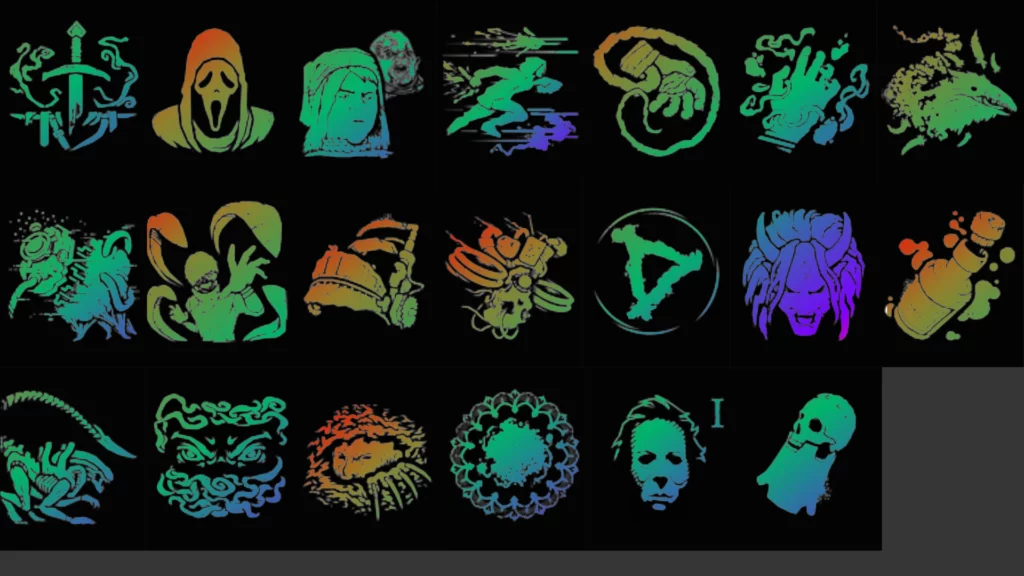 Iconic killer symbols from Dead By Daylight, redesigned with a vivid, neon-inspired aesthetic. This image displays the unique, thematic icons associated with the killers, making them instantly recognizable.