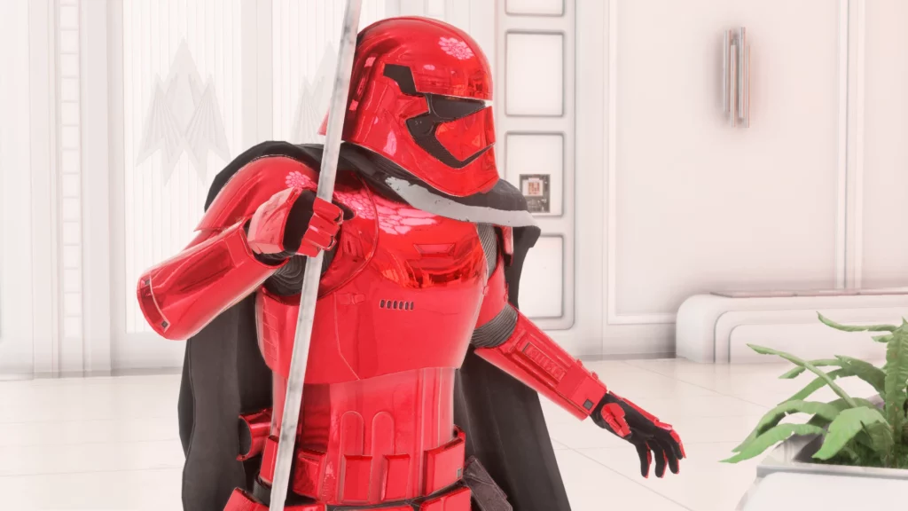 Captain Cardinal wielding a First Order pike inside a pristine First Order base. His crimson armor is complemented by a black cape and custom helmet, making him a standout on the battlefield.