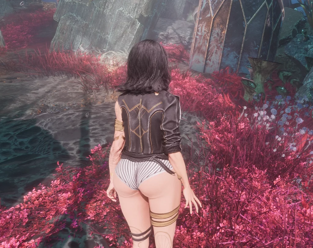 Lune stands against a vibrant alien landscape, her back turned to the camera, showing off the intricate designs of her jacket and the sleek lines of the Expedition Curvy Outfit. The high-resolution textures and elegant design are a testament to the mod's quality.