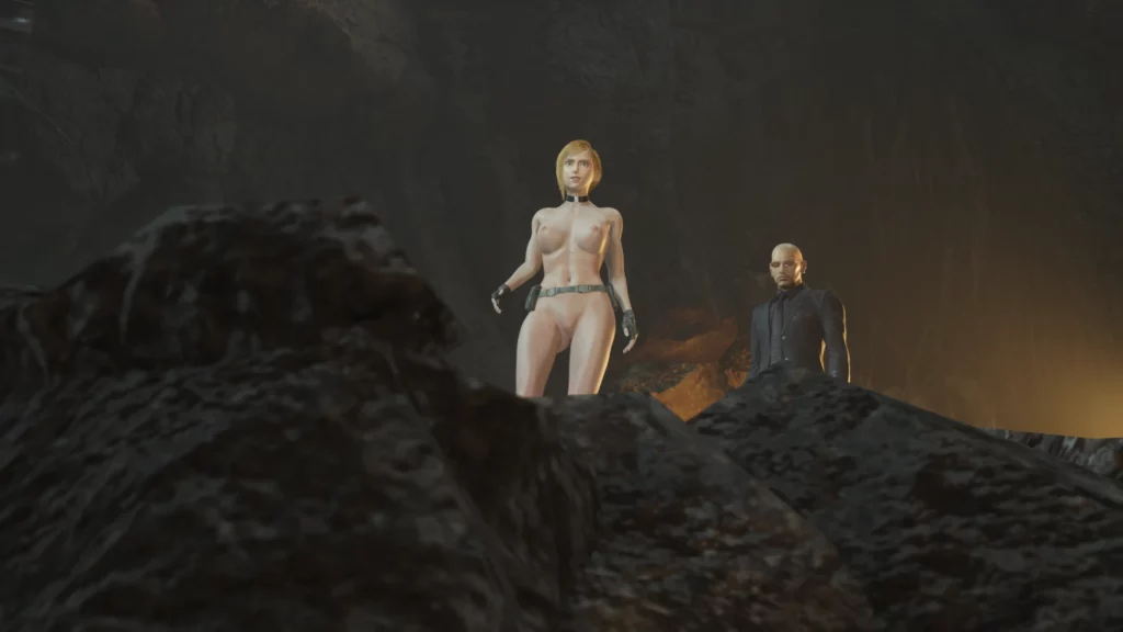 A cinematic scene showcasing the protagonist and a male character in a dramatic standoff within a rugged cave setting. The raw aesthetic of the environment and their contrasting attire create an intense visual narrative.