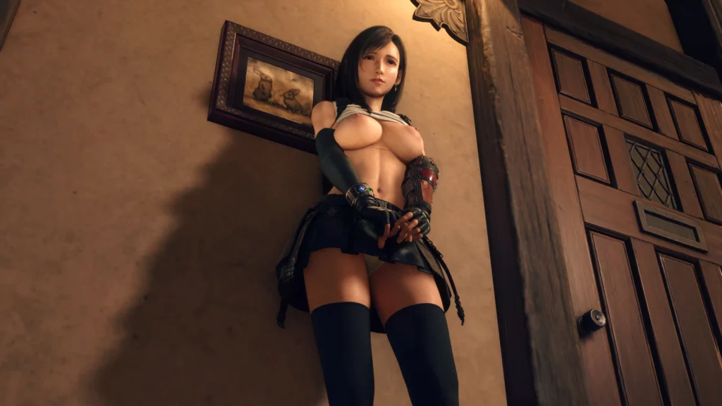A cinematic shot of Tifa Lockhart leaning against a wall in Final Fantasy VII Rebirth. The mod emphasizes bold customization with a striking outfit adjustment, set in a beautifully rendered indoor environment, capturing the essence of realism and detail.