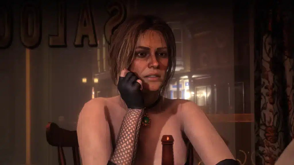 Elegant evening scene of Sadie Adler in Red Dead Redemption 2, wearing a modded corset dress that elevates the game’s immersive Western setting.