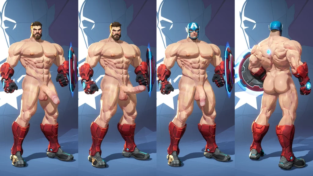 Extreme NSFW version of Marvel Rivals Gay Muscular Captain America mod, featuring fully nude character render with enhanced detail and artistic freedom.