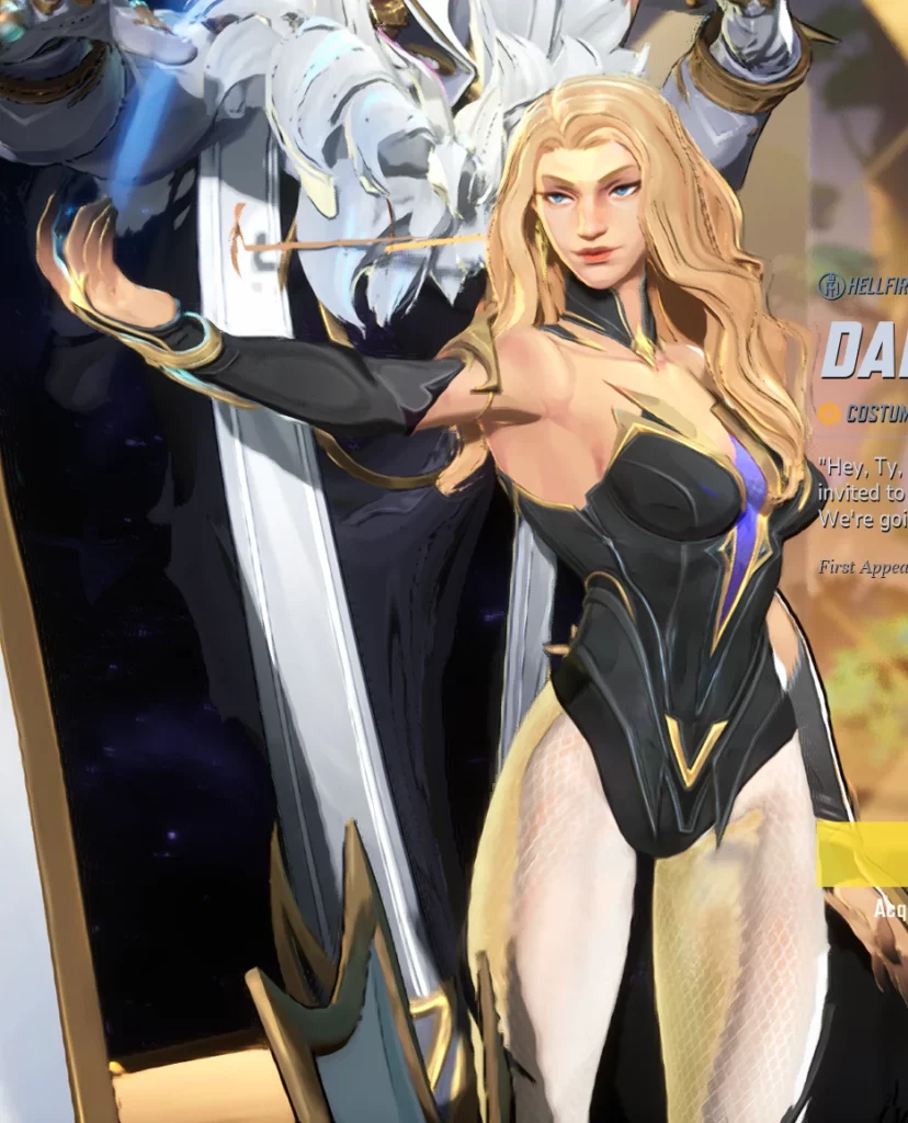 A stylized hero selection screen showcasing the revamped Dagger model with long blonde hair and custom costume, standing beside Cloak in Marvel Rivals.