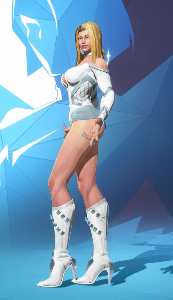 This side angle highlights the shapely detail of Emma Frost’s sexy white costume mod, including her thigh-high boots and character-defining curves in Marvel Rivals.