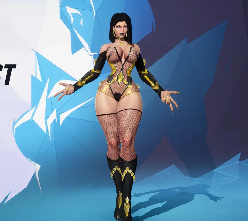 Full-body view of Emma Frost in black gold modded outfit with fishnets