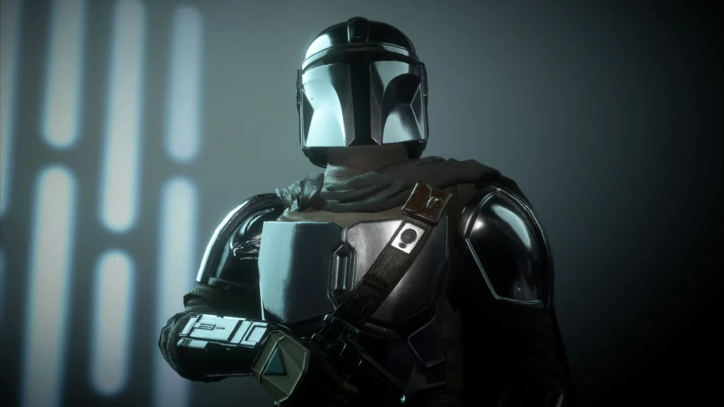 Helmeted Mandalorian with cloak and rifle in Battlefront II mod