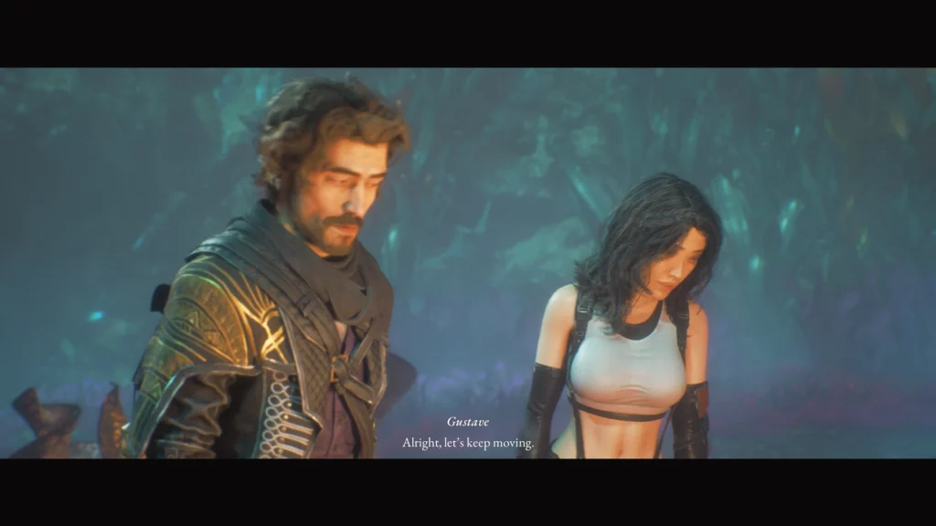  Lune and Gustave in cutscene, with Lune wearing Tifa’s clothes