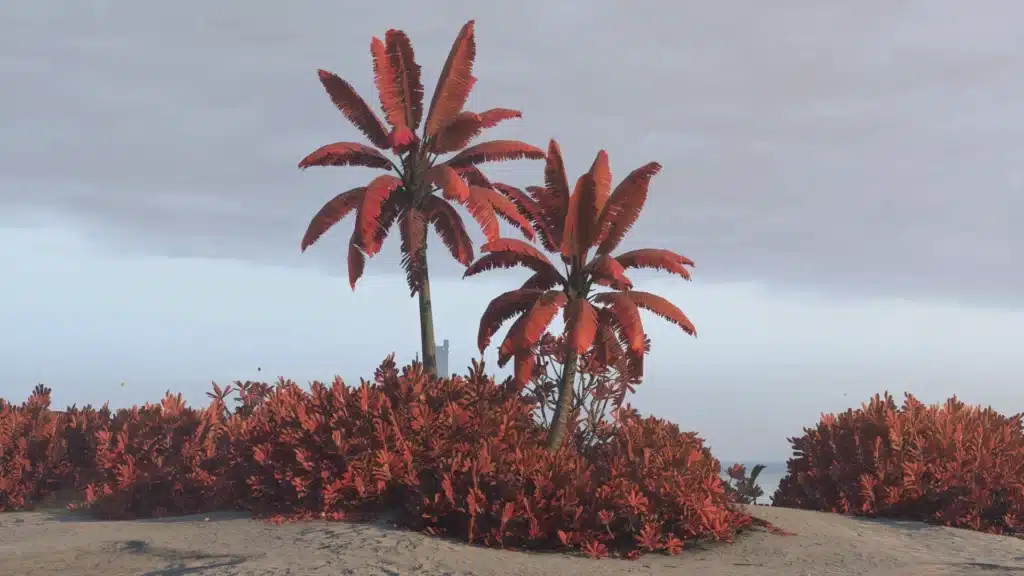 Twin palm trees and red vegetation under cloudy sky in Scarif