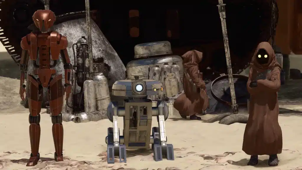 HK-47 and T3-M4 among Jawas and Star Wars scrap on Tatooine