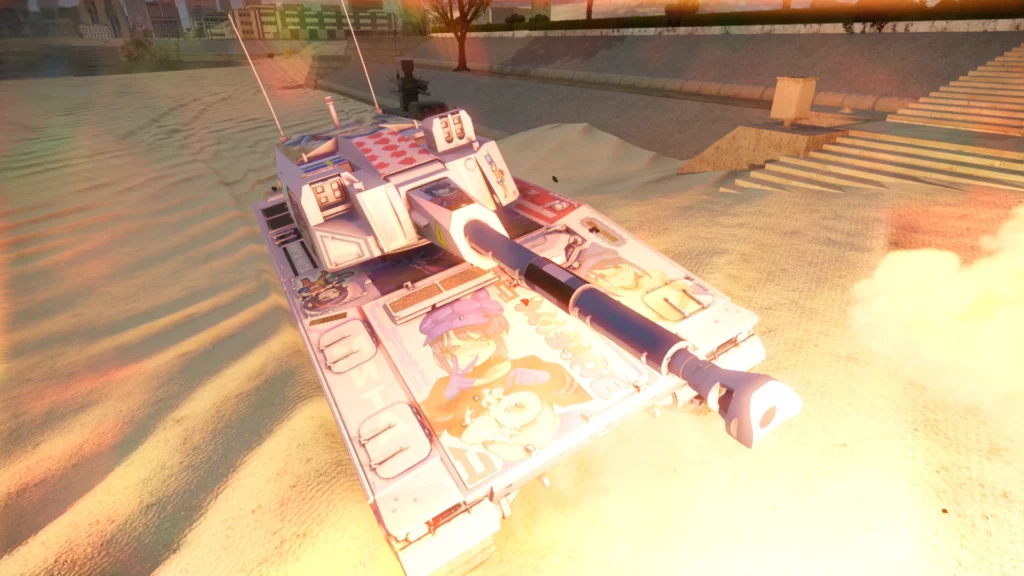 The CV 90105 tank blazing through the desert in War Thunder, showcasing its stunning Miside-Mita NSFW anime camo. The custom paint job brings flair and personality to tank combat.