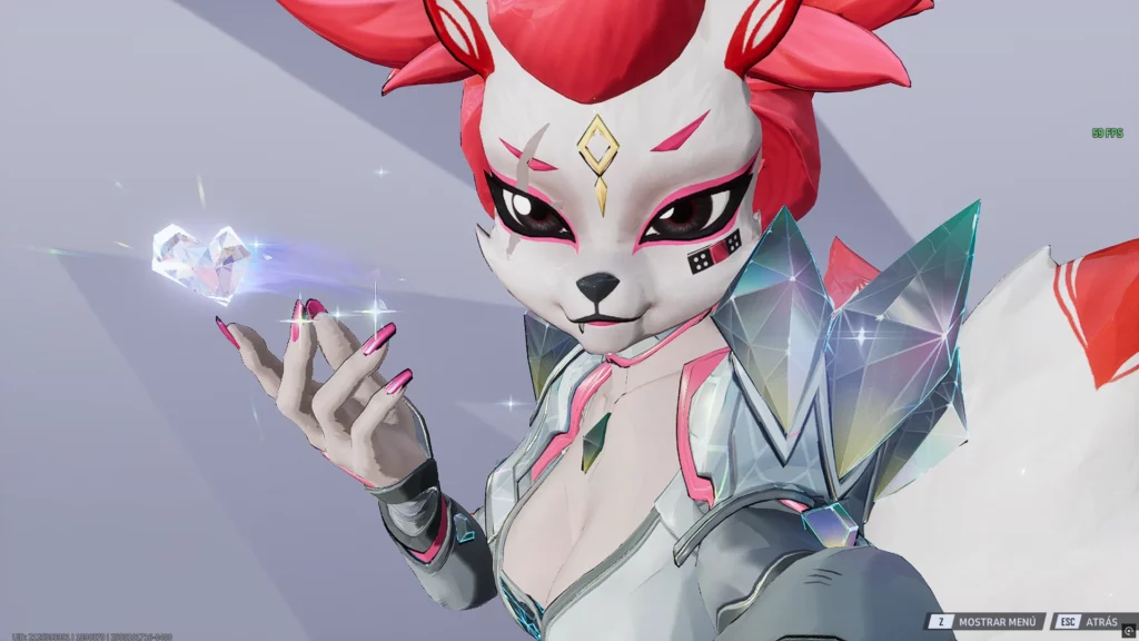 Close-up of Kimiko Frost's transformed character model, displaying her sharp fox-like features and dazzling diamond-shaped crystal armor. Her enhanced look in the Skimpy Kimiko Frost Mod brings a unique blend of elegance and ferocity to Marvel Rivals.